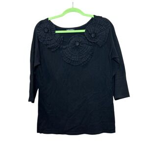 Gaby & Eden Rosette Knit Top Women Small Black Ruffle 3/4 Sleeve Whimsigoth Chic